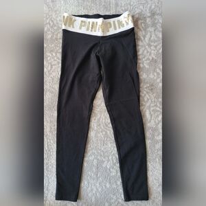 Victoria's Secret Pink Yoga Pants, Leggings Black w/Gold Sequin Pink Print, Med